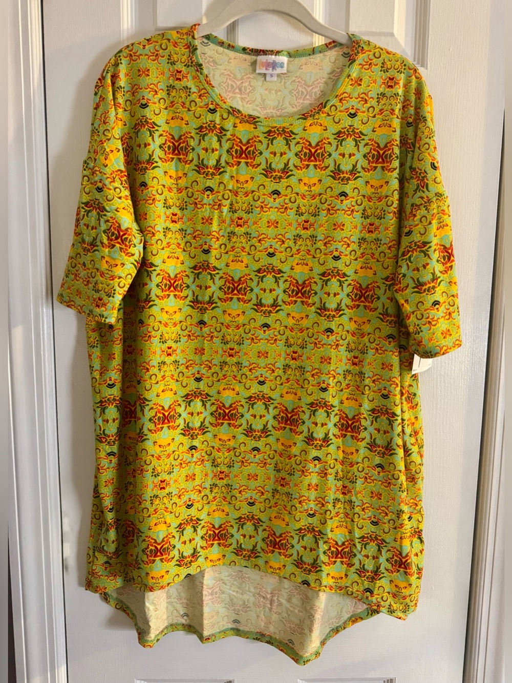 LuLaRoe Irma Tunic Top Yellow Teal Red Green Pattern Size Small